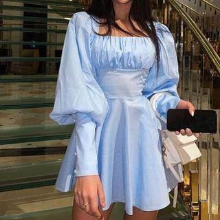 Puff Sleeve Square-neck Plain A-line Dress
