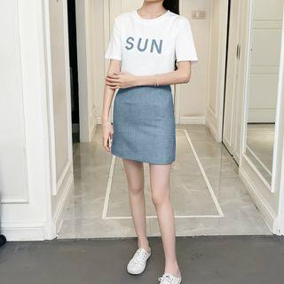 Set: Lettering Short-sleeve T-shirt + High Waist Pencil Skirt