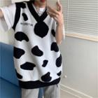 Animal Pattern Lettering V-neck Knit Vest As Shown In Figure - One Size