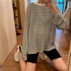 Long-sleeve Oversized Striped T-shirt Mustard Green + White - One Size