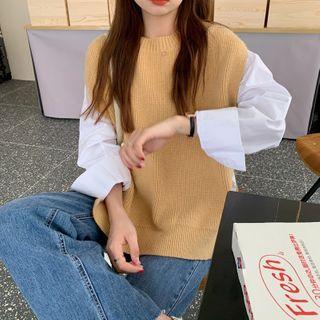 Plain Loose-fit Knit Vest Yellow - One Size