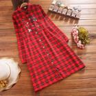 Embroidered Plaid Collared Long Sleeve Dress