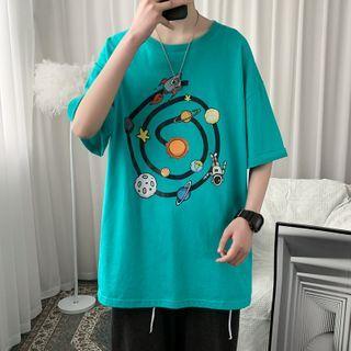Short-sleeve Cartoon Planet Print T-shirt