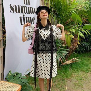 Lace Panel Dotted Midi A-line Shirtdress