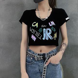 Round Neck Lettering Print Crop Top