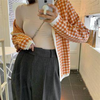 Plaid Cardigan / Turtleneck Long-sleeve T-shirt