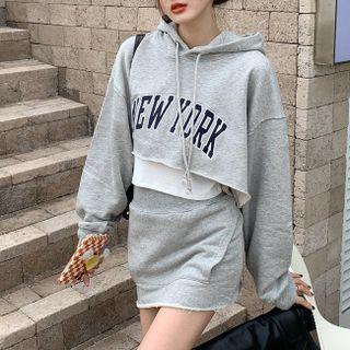 Lettering Embroidered Crop Hoodie / Skirt
