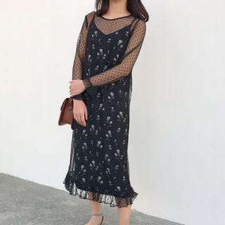 Set : Mesh Long-sleeve Top + Floral Print Strap Dress
