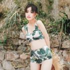 Set: Leaf Print Bikini + Short-sleeve Cover-up Top