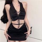 Halter-neck Lace-up Crop Top / Low Rise Cutout Pencil Skirt