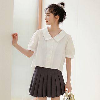 Short-sleeve V-neck Lace Trim Cropped Shirt White - One Size