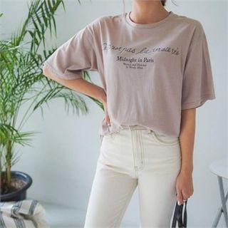 Round-neck Lettering T-shirt Beige - One Size