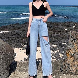 Lantern Sleeve Cropped T-shirt / Plain Bralette / High Waist Jeans