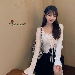 Cropped Tie-front Cardigan / Lace Trim Camisole Top