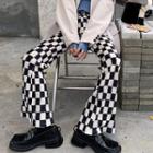 Plain Blazer / Checkered Boot-cut Pants / Ribbed Knit Sweater