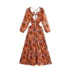 Long-sleeve Floral Cutout Midi A-line Dress