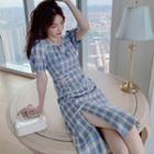 Puff-sleeve Plaid Frog-buttoned Midi A-line Dress