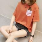 Embroidered Short-sleeve Striped Pocket T-shirt