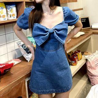 Short-sleeve Denim Bow Mini Dress