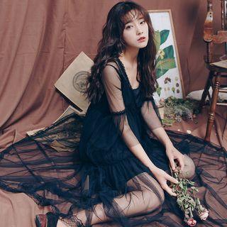 Set: Mesh 3/4-sleeve A-line Maxi Dress + Strappy Dress
