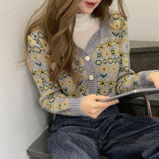 Sweetheart-neck Patterned Cropped Cardigan