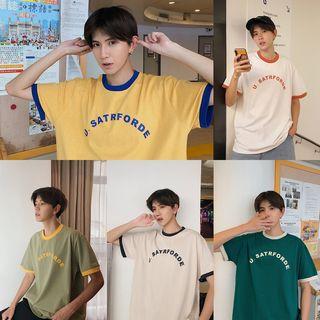 Couple Matching Short-sleeve Contrast Trim Letter T-shirt