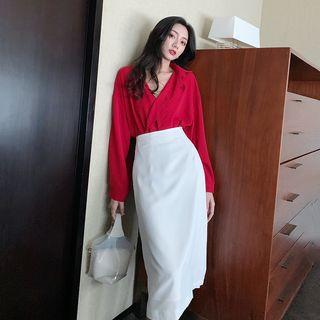 Long-sleeve Loose-fit Shirt / Plain Midi Skirt