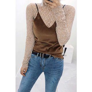 Turtle-neck Sheer Lace Top