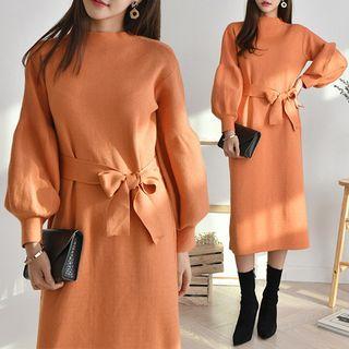 Funnel-neck Puff-sleeve Knit Dress With Sash