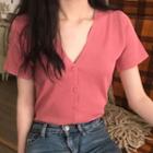 Knit V-neck Short-sleeve T-shirt