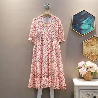 Short-sleeve V-neck Floral Ruffle Dress
