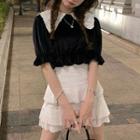 Short-sleeve Velvet Blouse / Mini A-line Skirt