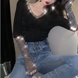 Long-sleeve V-neck Rhinestone Top