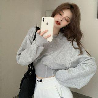 Lantern-sleeve Plain Cropped Sweatshirt / High-waist Plain Straight Cut Pants