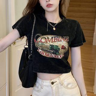 Short-sleeve Car Print Crop T-shirt