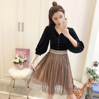 Mock Two-piece 3/4-sleeve A-line Pleated Dress