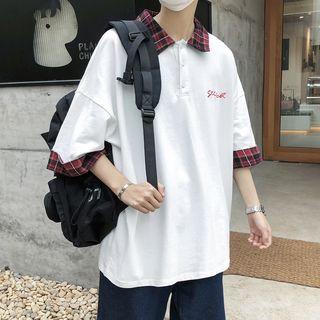 Oversized Plaid-trim Embroidered Polo Shirt