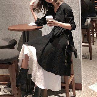 Set: Long-sleeve Tie-waist Mini A-line Dress + Spaghetti Strap Midi Dress
