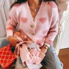 Heart Printed Knit Cardigan Pink - One Size