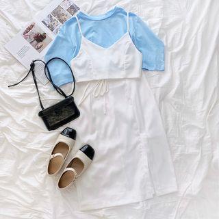 Plain Cropped Camisole / Short-sleeve Plain T-shirt / Plain Slit Midi Skirt