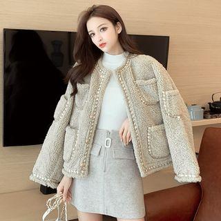 Braided Trim Genuine Shearling Buttoned Jacket Camel - One Size