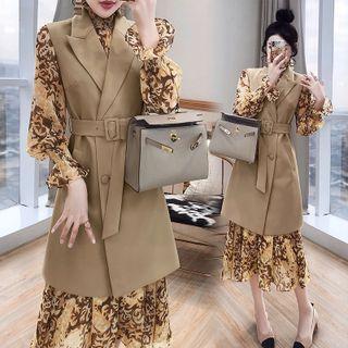 Set: Long-sleeve Print Midi Dress + Double Breasted Long Vest