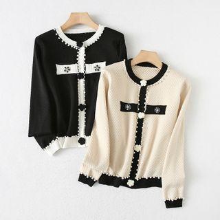 Contrast Trim Beaded Flower Accent Sweater