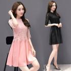 Mock Two-piece 3/4-sleeve Crewneck A-line Plain Panel Slim Lace Dress