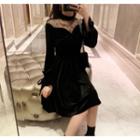 Long-sleeve Mock Neck Mesh Panel Mini A-line Velvet Dress Black - One Size