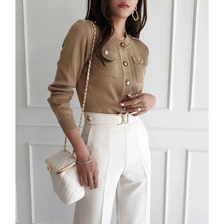 Flap-pocket Metallic-button Cardigan