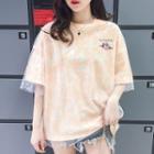 Planet Print Mesh Overlay Elbow-sleeve T-shirt