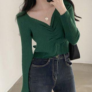 Long Sleeve V-neck Drawstring Crop Sweater