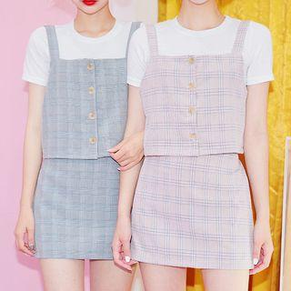 Set: Button-front Plaid Camisole Top + Mini Skirt
