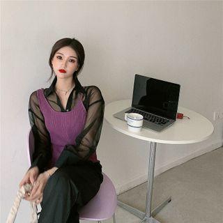 Long-sleeve Mesh Blouse / Knit Camisole Top